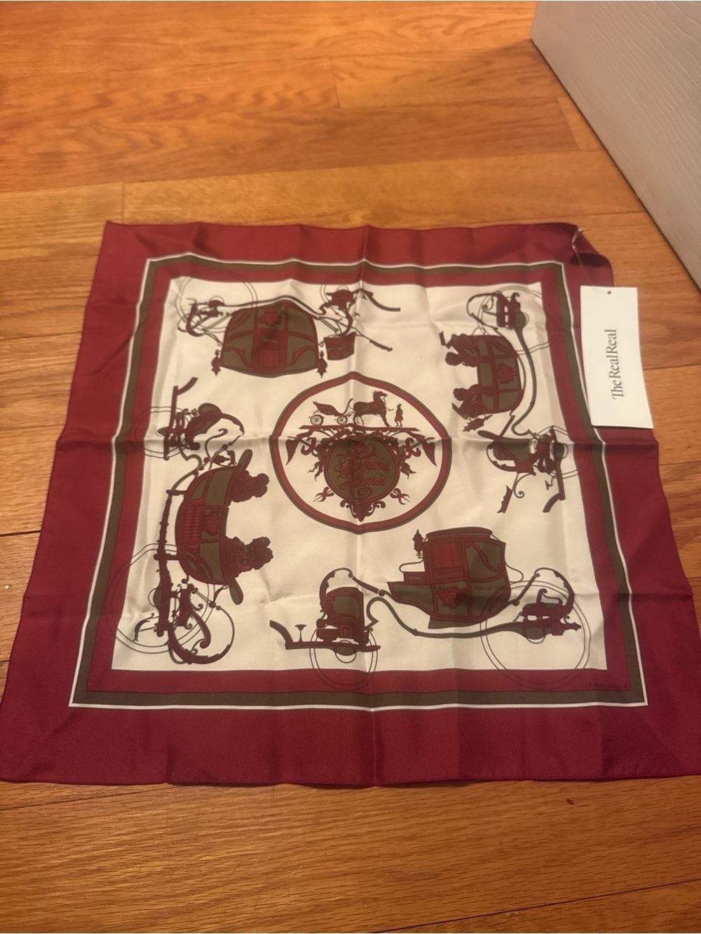 Hermès Les Parfums Silk Pocket Square Scarf 16” Burgundy Equestrian Carriage